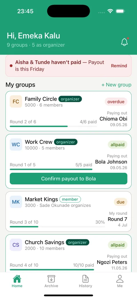 Ajo app screenshot showing group savings dashboard